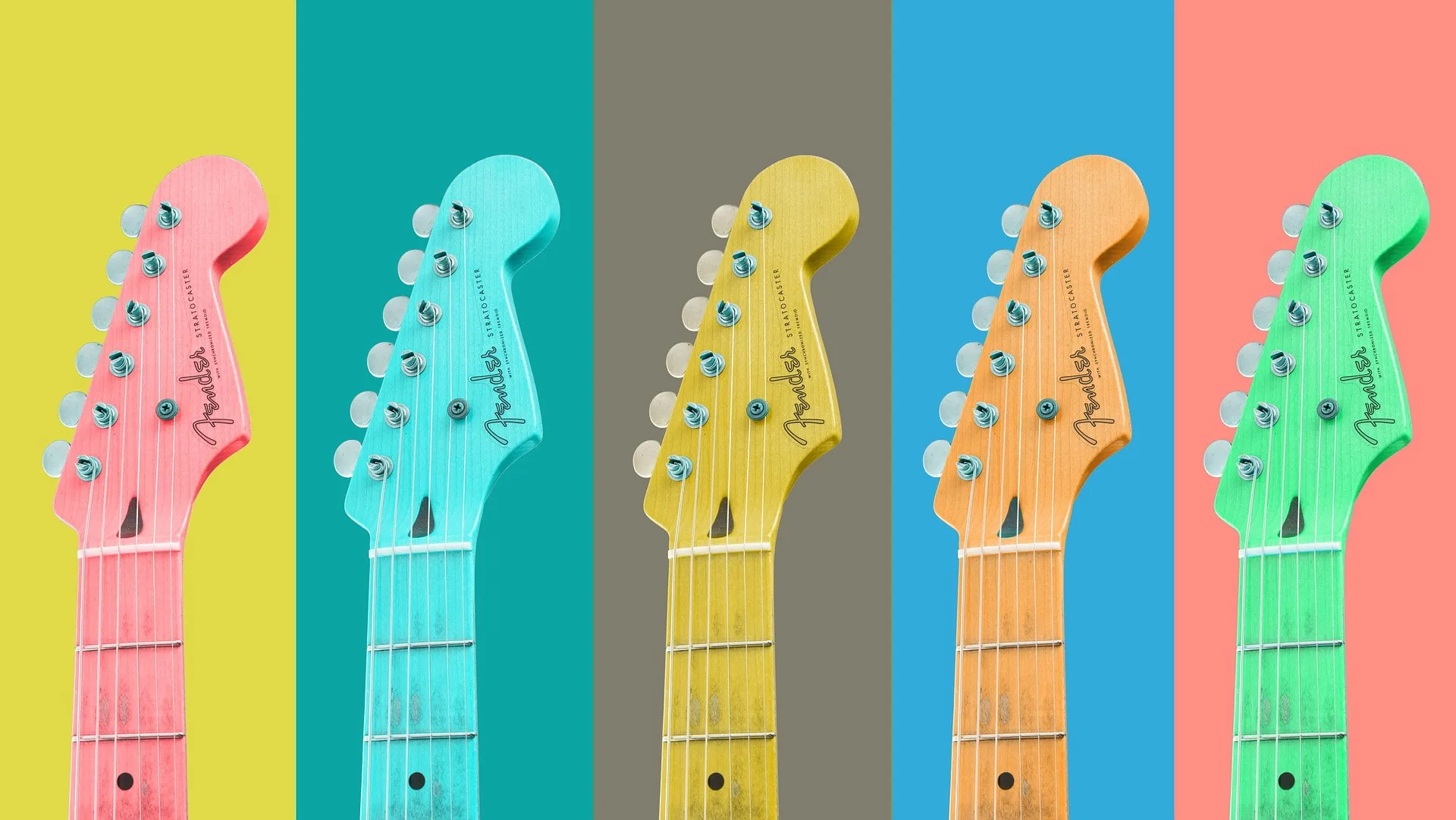 A row of guitar headstocks, each on a different bright colour